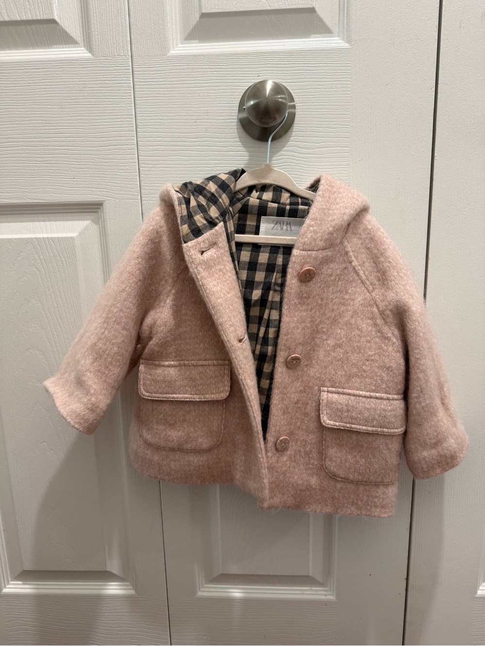 Zara Kids Blush Pink Hooded Pea Coat with Checked Lining